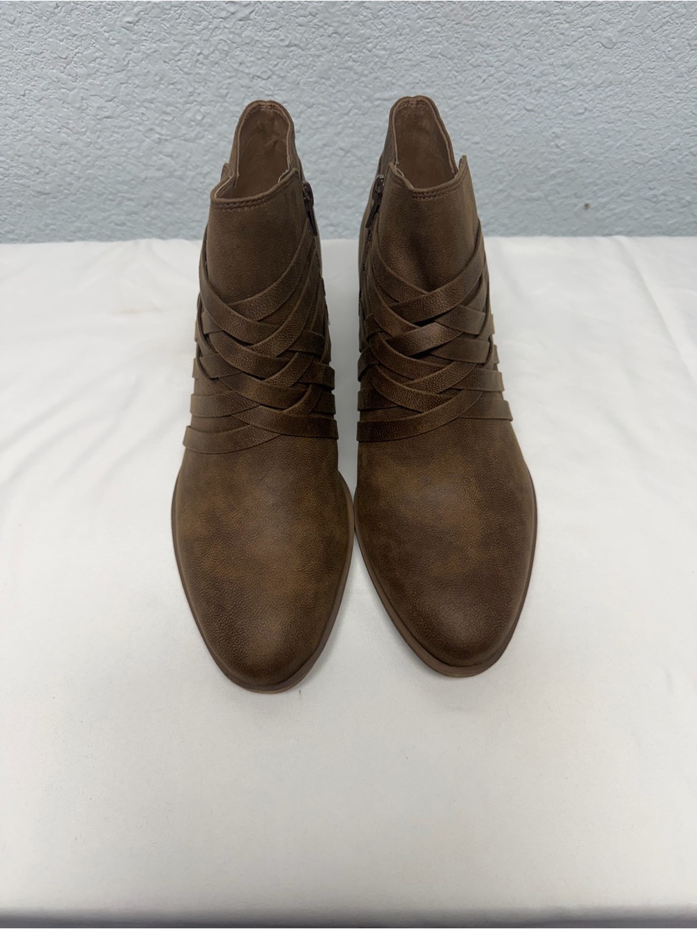 Life Stride Brown Woven-Strap Ankle Booties